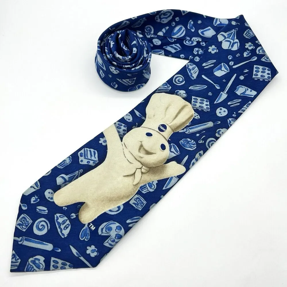 VTG Pillsbury Doughboy Cookin’ Neck Tie Blue AOP 1998 Ralph Marlin Baker Chef